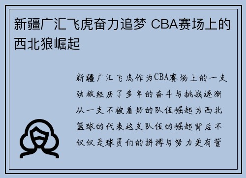 新疆广汇飞虎奋力追梦 CBA赛场上的西北狼崛起