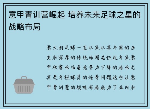 意甲青训营崛起 培养未来足球之星的战略布局